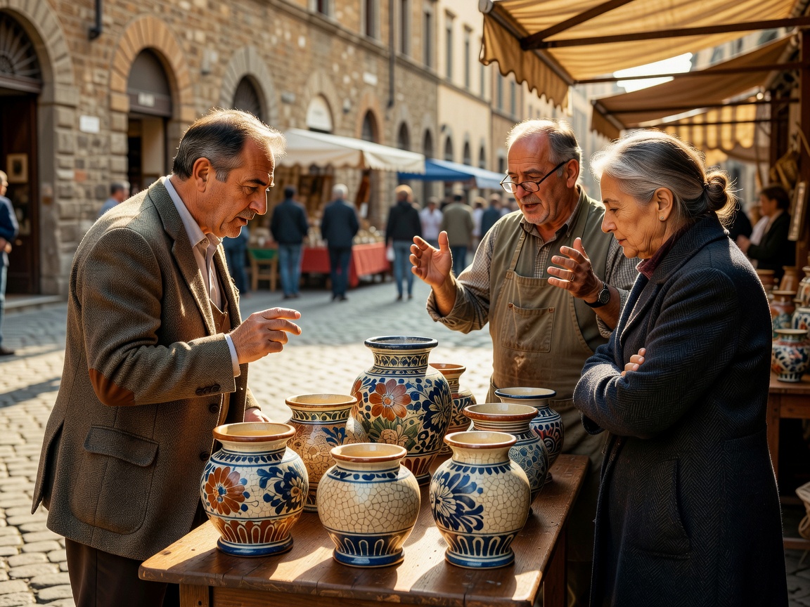 Arezzo Antique Fair collectors negotiating over ceramic majolica urns