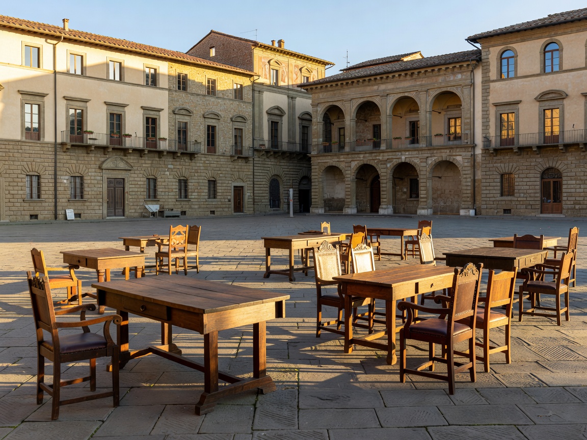 Arezzo historic piazza with Tuscan antique furniture and Renaissance buildings