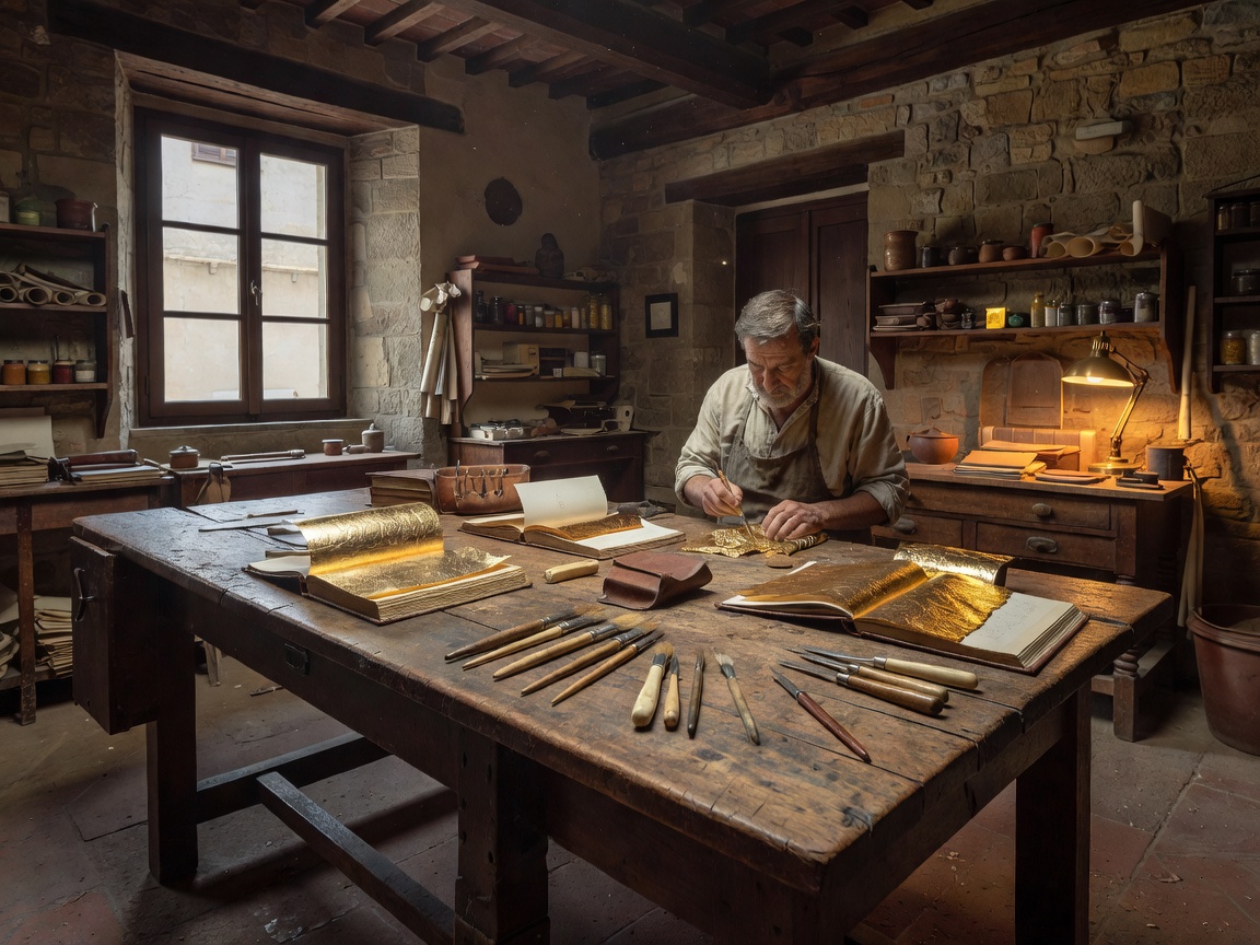 Florence Oltrarno artisan workshop with antique wooden furniture and gold leaf tools
