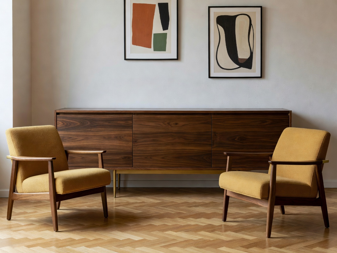 Mid Century Italian Walnut Credenza and Armchair in Milanese Interior