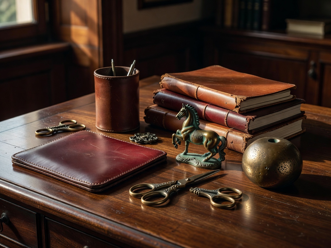 Italian vintage leather desk accessories and bronze decorative objects