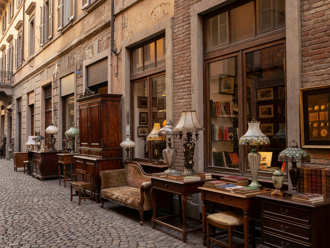 Milan Brera district antique storefronts with vintage lamps and furniture