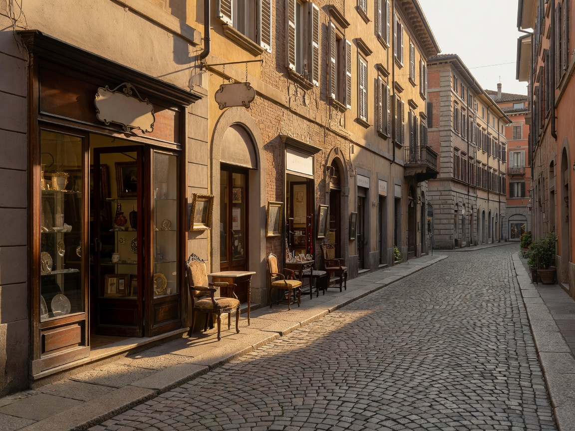 Milan Brera district historic antique shops and cobblestone street