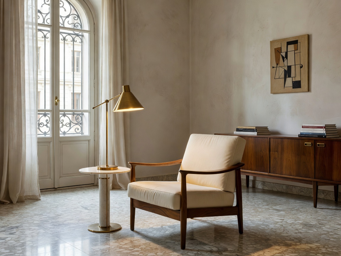 Milanese apartment interior with Gio Ponti armchair and Stilnovo brass lamp