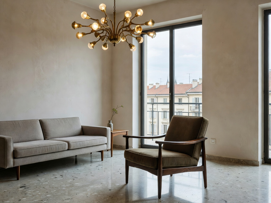 Milanese Mid-Century living room with Gio Ponti armchair and Stilnovo brass chandelier