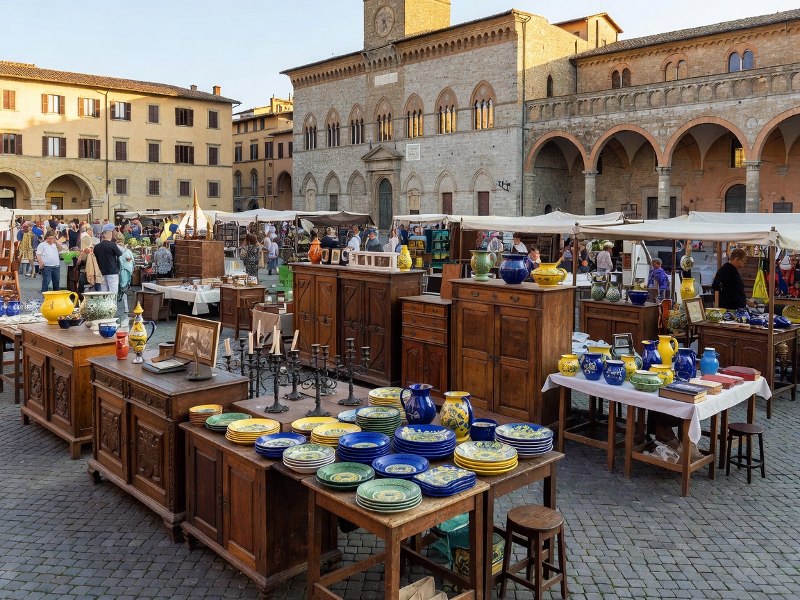 Historic Italian antique market square in Tuscany with Renaissance architecture