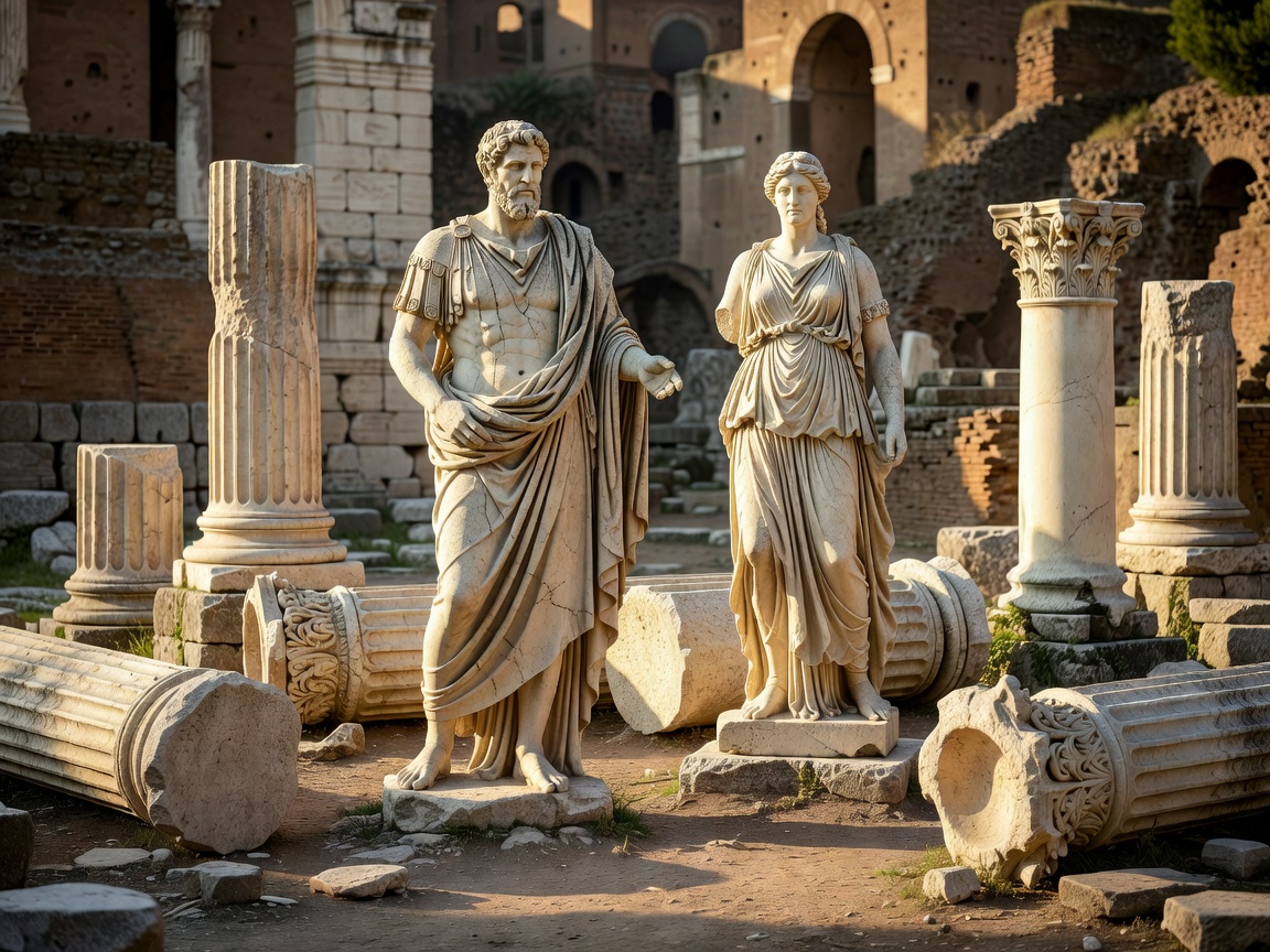 Rome antique marble statues and Roman classical column artifacts